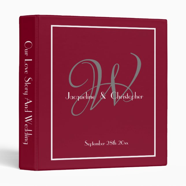Elegant Monogram Vintage Chic Burgundy Wedding Binder (Front/Spine)