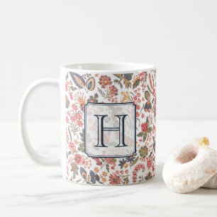 Elegant Monogram Vintage Rustic Red Pink Floral Coffee Mug