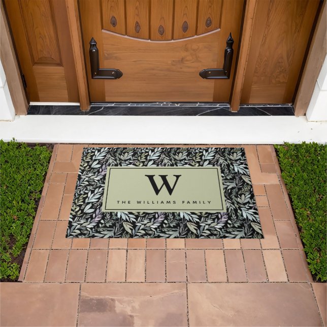 Elegant Monogram Watercolor Black Green Leaves Doormat (Outdoor)