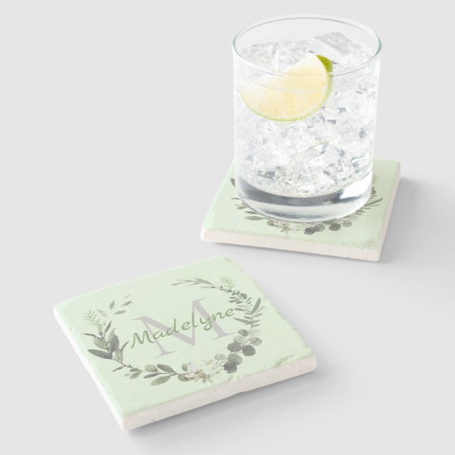 Elegant Monogram Watercolor Botanical Family Name Stone Coaster (Side)