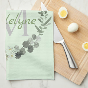 Elegant Monogram Watercolor Botanical Kitchen Towel