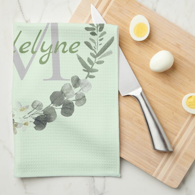 Elegant Monogram Watercolor Botanical Kitchen Towel (Quarter Fold)