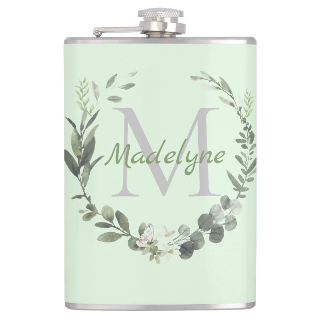 Elegant Monogram Watercolor Botanical Wreath Hip Flask (Front)