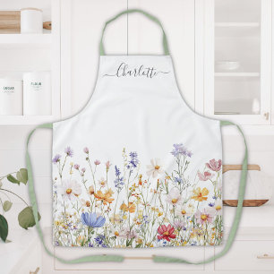 Elegant Monogram Watercolor Colourful Wildflower Apron