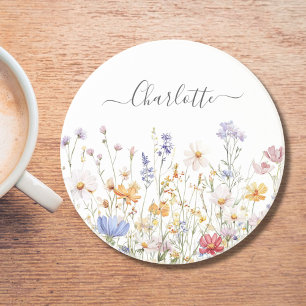 Elegant Monogram Watercolor Colourful Wildflower Coaster