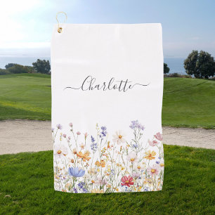 Elegant Monogram Watercolor Colourful Wildflower Golf Towel