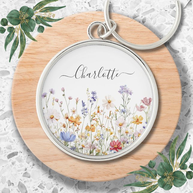 Elegant Monogram Watercolor Colourful Wildflower Keychain (In situ)