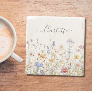 Elegant Monogram Watercolor Colourful Wildflower Stone Coaster