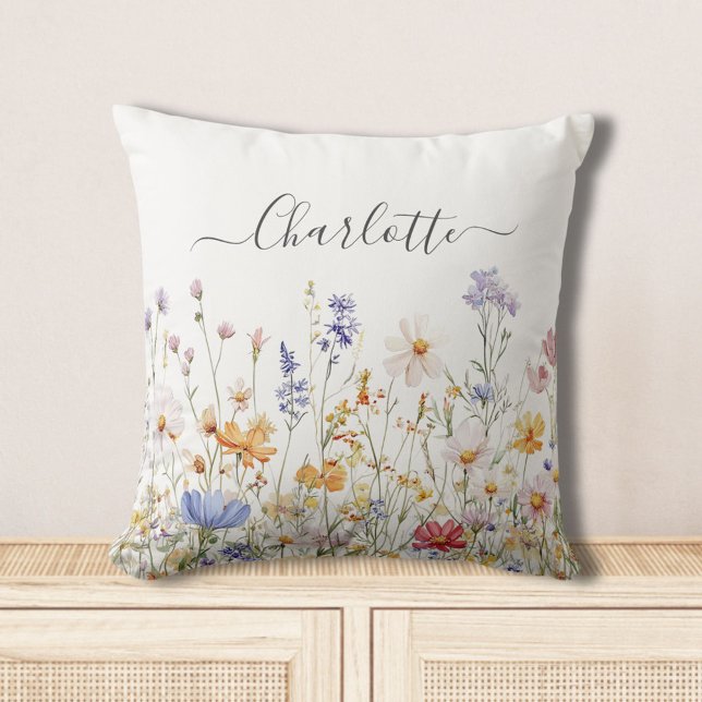 Elegant Monogram Watercolor Colourful Wildflower Throw Pillow (In situ)