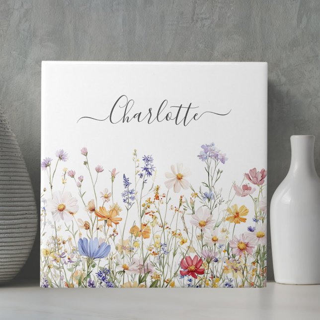 Elegant Monogram Watercolor Colourful Wildflower Tile (In situ)