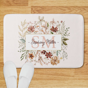 Elegant Monogram Watercolor Fall Wildflower Floral Bath Mat