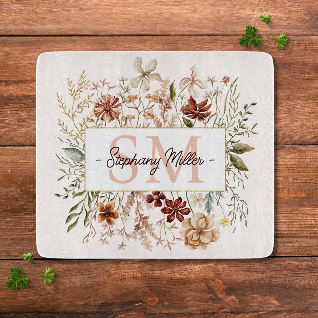 Elegant Monogram Watercolor Fall Wildflower Floral Cutting Board (In situ)