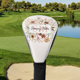Elegant Monogram Watercolor Fall Wildflower Floral Golf Head Cover