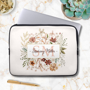 Elegant Monogram Watercolor Fall Wildflower Floral Laptop Sleeve