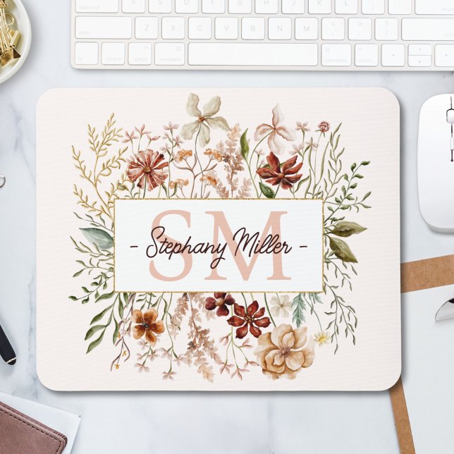 Elegant Monogram Watercolor Fall Wildflower Floral Mouse Pad (In situ)