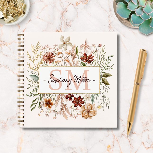 Elegant Monogram Watercolor Fall Wildflower Floral Notebook (In situ)