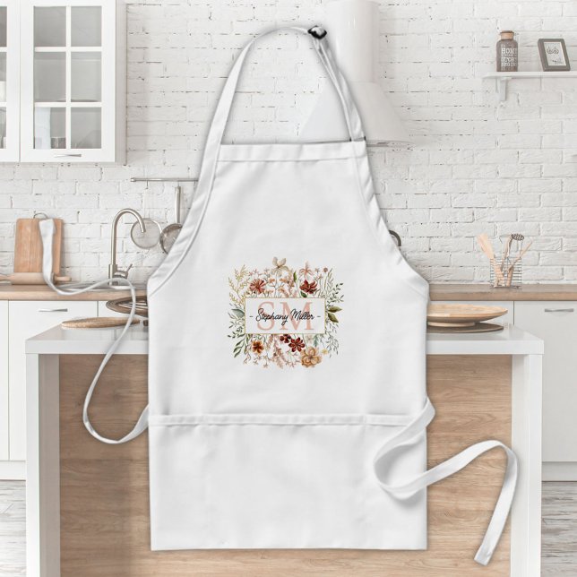 Elegant Monogram Watercolor Fall Wildflower Floral Standard Apron (In situ)