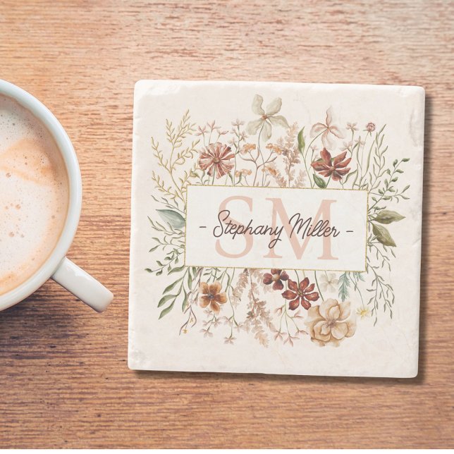 Elegant Monogram Watercolor Fall Wildflower Floral Stone Coaster (In situ)
