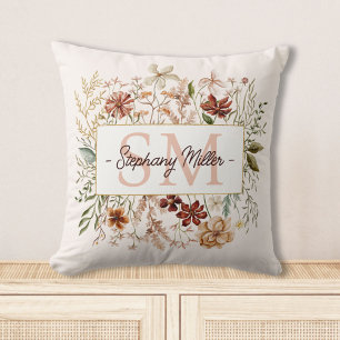 Elegant Monogram Watercolor Fall Wildflower Floral Throw Pillow