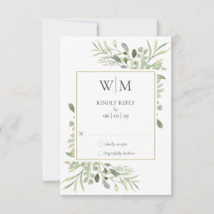 Elegant Monogram Watercolor Greenery Wedding RSVP Card