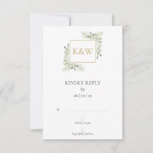 Elegant Monogram Watercolor Greenery Wedding RSVP Card