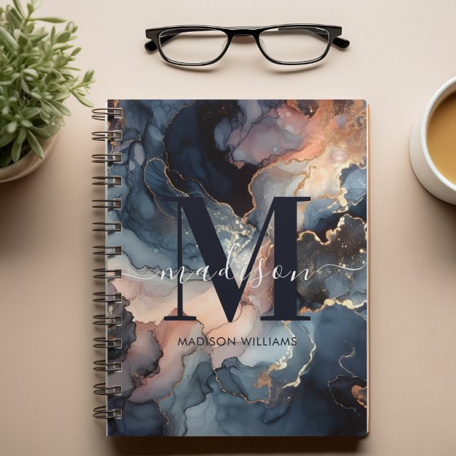 Elegant Monogram Watercolor Marble Pink Blue Girly Notebook (Creator Uploaded)
