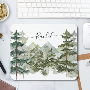 Elegant Monogram Watercolor Pine Forest Mountain Mouse Pad