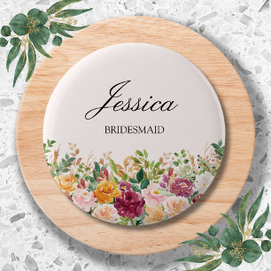 Elegant Monogram Watercolor Rose Flower Bridesmaid 2 Inch Round Button