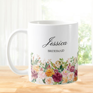Elegant Monogram Watercolor Rose Flower Bridesmaid Coffee Mug