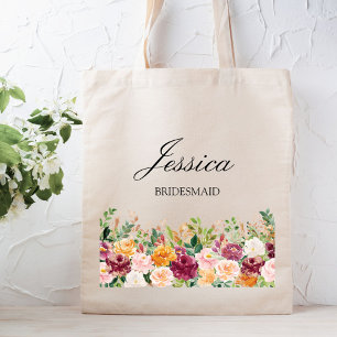 Elegant Monogram Watercolor Rose Flower Bridesmaid Tote Bag