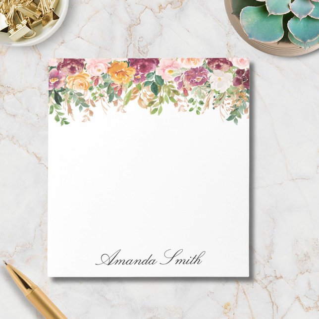 Elegant Monogram Watercolor Rose Flower Garden Notepad (In situ)