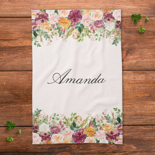 Elegant Monogram Watercolor Rose Garden Floral Kitchen Towel
