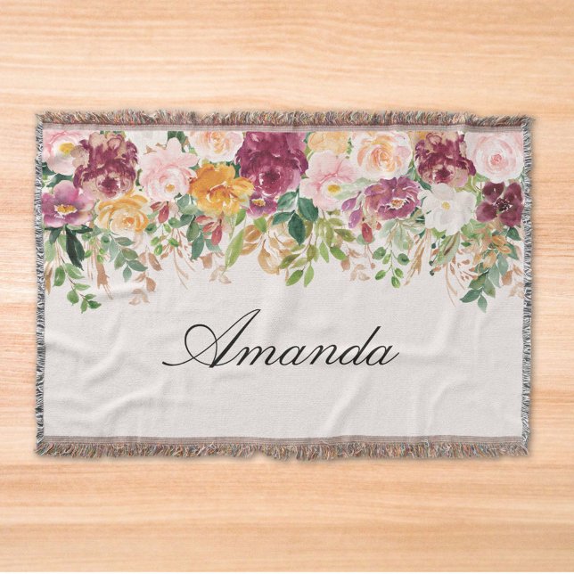 Elegant Monogram Watercolor Rose Garden Floral Throw Blanket (Close up)