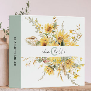 Elegant Monogram Watercolor Sunflower Bouquet Binder