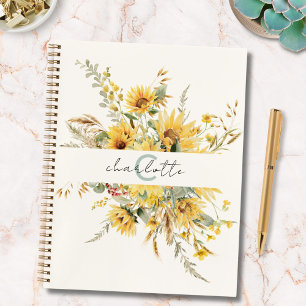 Elegant Monogram Watercolor Sunflower Bouquet Notebook