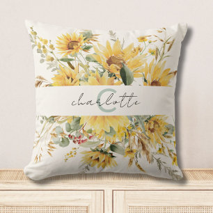 Elegant Monogram Watercolor Sunflower Bouquet Throw Pillow