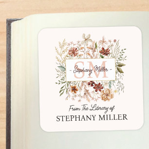 Elegant Monogram Watercolor Wildflower Bookplate Square Sticker