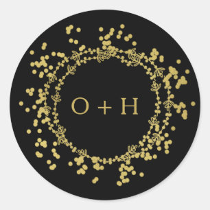 Elegant Monogram Wedding   Black Gold Classic Round Sticker