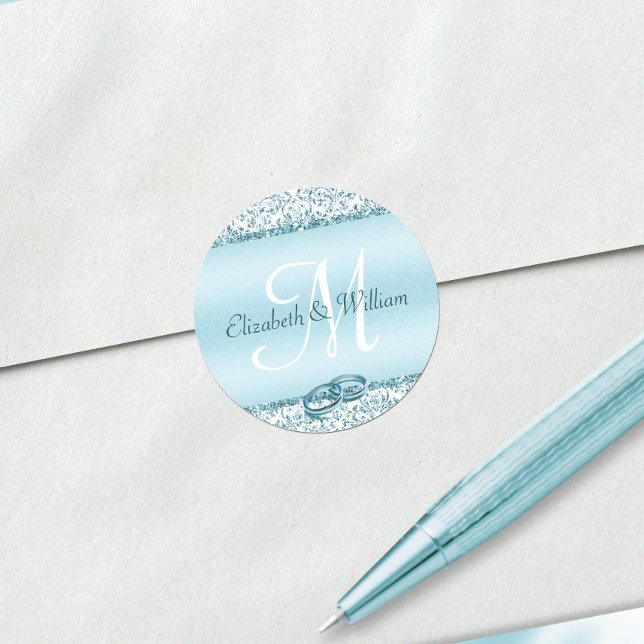 Elegant Monogram Wedding Blue Metallic Classic Round Sticker (Creator Uploaded)