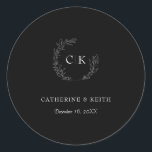 Elegant Monogram Wedding Classic Round Sticker<br><div class="desc">Elegant wedding stickers featuring laurel wreath monogram with couple's initials.  Add the couple's names and date using the fields provided.</div>