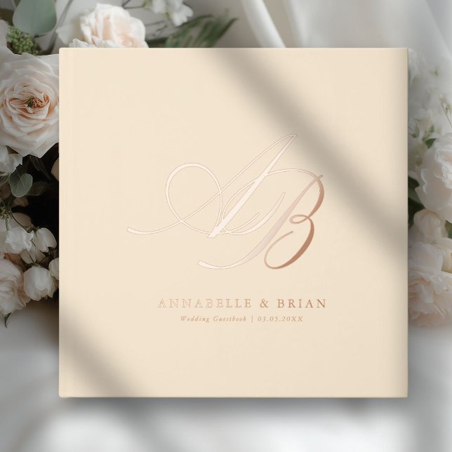 Elegant, Monogram, Wedding  Guest Book (Champagne Beige, Monogram, Scripted Font, Foil Wedding Guest Book. )