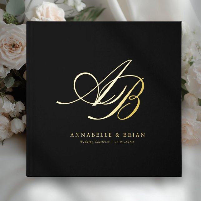 Elegant, Monogram, Wedding  Guest Book (Black, Monogram, Scripted Font, Foil Wedding Guest Book. )