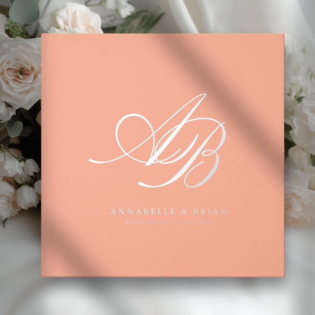 Elegant, Monogram, Wedding  Guest Book (Coral-Peach, Monogram, Scripted Font, Foil Wedding Guest Book. )