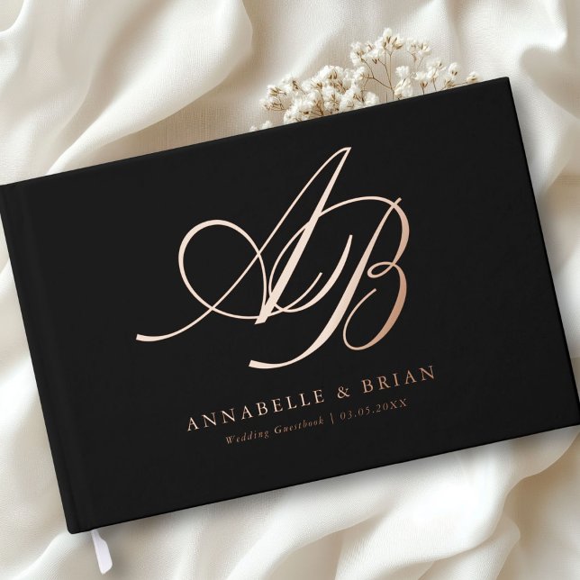 Elegant, Monogram, Wedding  Guest Book (Personalized Minimalist Script Font Monogram | Elegant Foil Wedding Guest Book.)