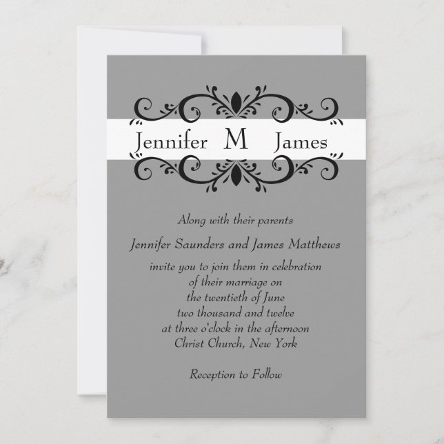 Elegant Monogram Wedding Invitation Scrolls Grey (Front)