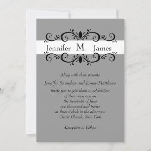 Elegant Monogram Wedding Invitation Scrolls Grey