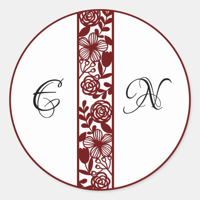 Elegant Monogram Wedding Maroon Round Stickers (Front)