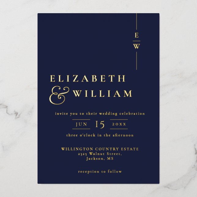 Elegant Monogram Wedding Navy Blue And Gold (Front)