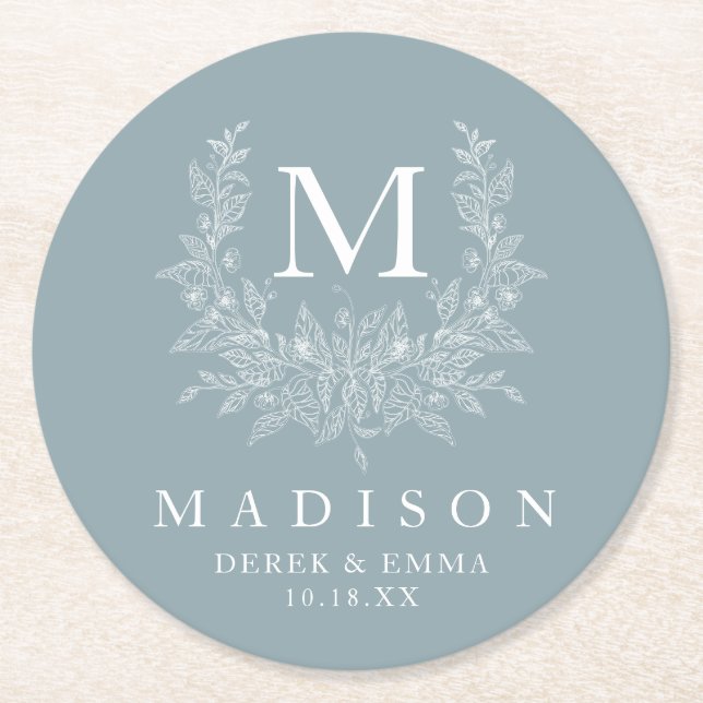 Elegant Monogram Wedding Round Paper Coaster (Front)