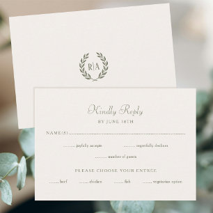 Elegant Monogram Wedding RSVP Card Green Cream